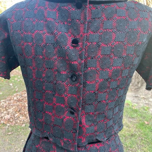 Vintage Ilene Ricky Three Piece Wiggle Cocktail Dress, Red and Black Lace Petite - Picture 7 of 14
